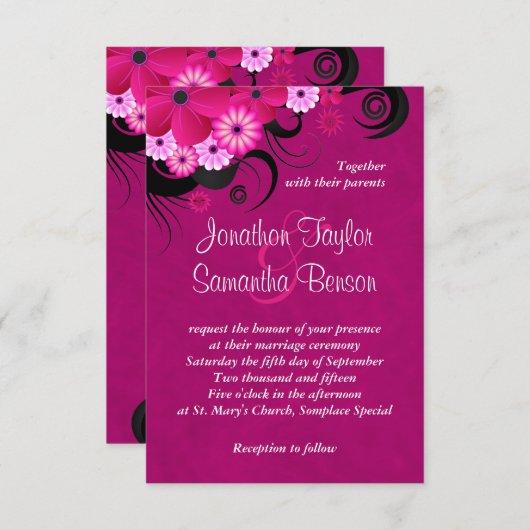 Dark Fuchsia Floral 3,5" x 5" Einladungen für Hoch (Vorne/Hinten)
