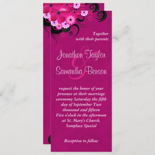 Dark Fuchsia Floral 4" x 9,25" Einladungen für Hoc (Vorne/Hinten)
