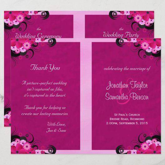 Dark Fuchsia Floral Wedding Program Vorlagen (Vorne/Hinten)
