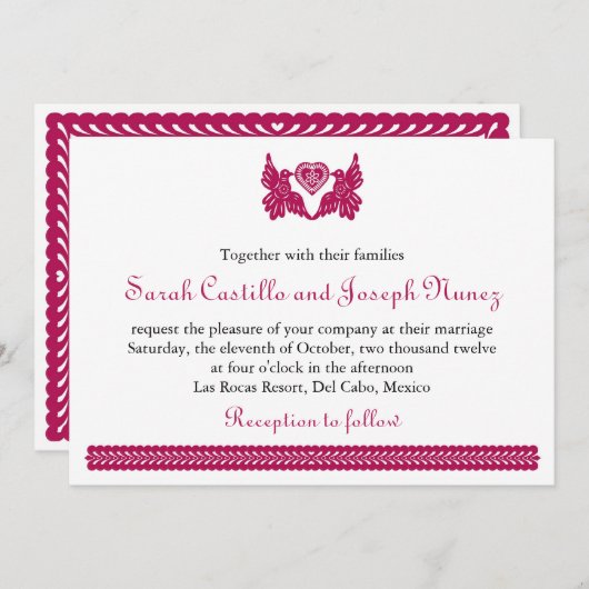 Dark Fuchsia Papel Picado Style Love Birds Einladung (Vorne/Hinten)