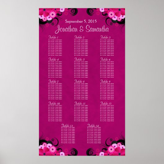 Dark Fuschia Floral 14 Hochzeitstisch Seetabelle Poster (Vorne)