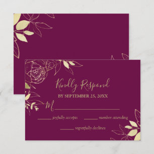 Dark Fushcia & Gold Peony Moderne Blumenhochzeit RSVP Karte