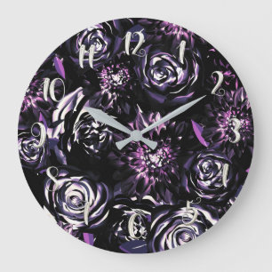 Dark Garden Bewitching Lila Glam Blume Große Wanduhr