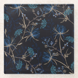Dark Garden: Monotone Blue Floral Glasuntersetzer