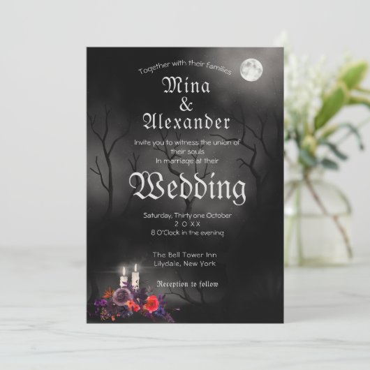 Dark Goth Halloween Theme Wedding Einladung (Stehend Vorderseite)