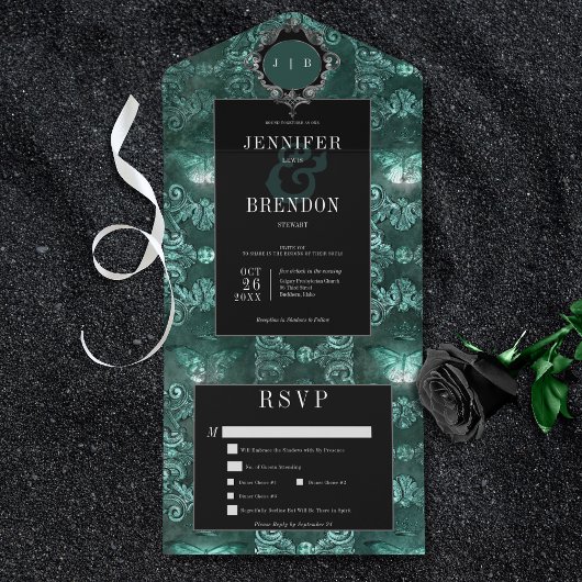 Dark Gothic Aquamarin & Black Vintag Moth Dinner All In One Einladung