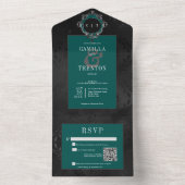 Dark Gothic Black & Aquamarin Floral Satin QR Code All In One Einladung (Innen Boden)