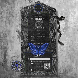 Dark Gothic Black & Blue Filigree Moth QR Code All In One Einladung