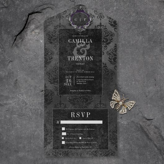 Dark Gothic Black Damask Dinner All In One Einladung