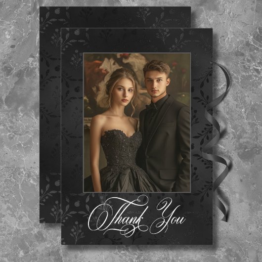 Dark Gothic Black Floral Satin Damask Blue Wedding Dankeskarte