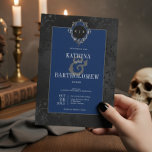 Dark Gothic Black Floral Satin Damask Blue Wedding Einladung<br><div class="desc">Treten Sie ein in eine Welt dunkler Eleganz mit unserer faszinierenden gotischen Hochzeitseinladung. Set gegen eine atemberaubende schwarz-schwarz-schwarze Damastasatin Vintage Blumentapete, strahlt diese Einladung eine geheimnisvolle und zeitlose Atmosphäre aus. Oben kreist ein Vintager, grauer, weizer und schwarzer Cartouche die ersten Initialen des Paars, der dem Design eine Touch von regaler...</div>