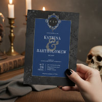 Dark Gothic Black Floral Satin Damask Blue Wedding