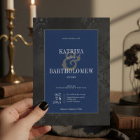 Dark Gothic Black Floral Satin Damask Blue Wedding