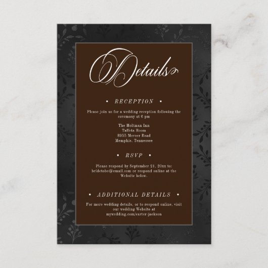 Dark Gothic Black Floral Satin Damask Brown Begleitkarte (Vorderseite)