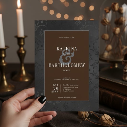 Dark Gothic Black Floral Satin Damask Brown Einladung