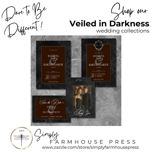 Dark Gothic Black Floral Satin Damask Brown Foto Save The Date