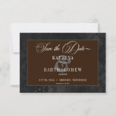 Dark Gothic Black Floral Satin Damask Brown Save The Date (Vorderseite)