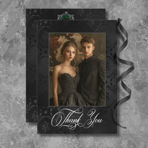 Dark Gothic Black Floral Satin Damask Green Dankeskarte