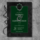 Dark Gothic Black Floral Satin Damask Green Einladung