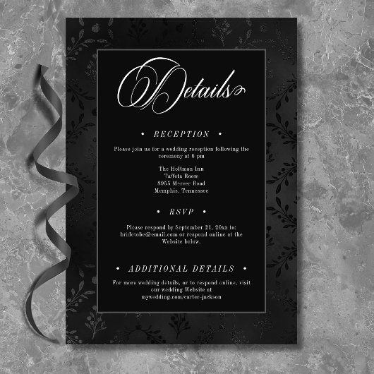 Dark Gothic Black Floral Satin Damask Hochzeit Begleitkarte