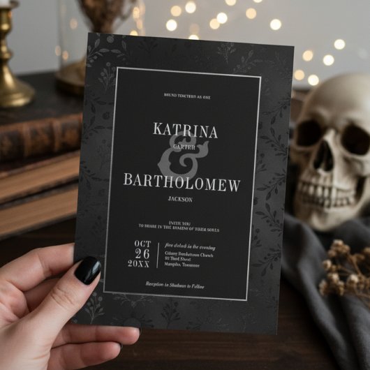 Dark Gothic Black Floral Satin Damask Hochzeit Einladung