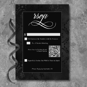 Dark Gothic Black Floral Satin Damask Hochzeit QR RSVP Karte