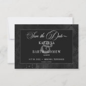 Dark Gothic Black Floral Satin Damask Hochzeit Save The Date (Vorderseite)