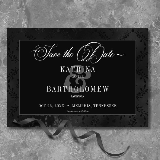 Dark Gothic Black Floral Satin Damask Hochzeit Save The Date