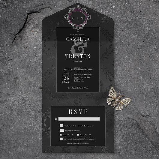 Dark Gothic Black Floral Satin Dinner All In One Einladung