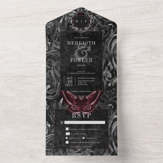 Dark Gothic Black & Gray Filigree Moth Dinner All In One Einladung (Innen Boden)