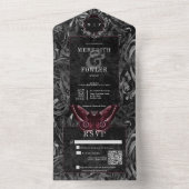 Dark Gothic Black & Gray Filigree Moth QR Code All In One Einladung (Innen Boden)