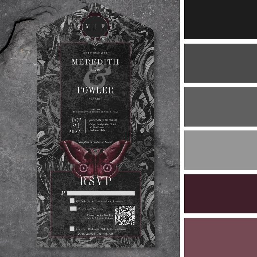 Dark Gothic Black & Gray Filigree Moth QR Code All In One Einladung