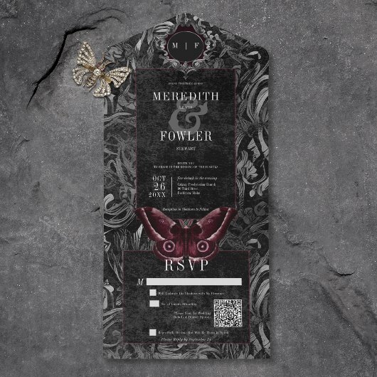 Dark Gothic Black & Gray Filigree Moth QR Code All In One Einladung