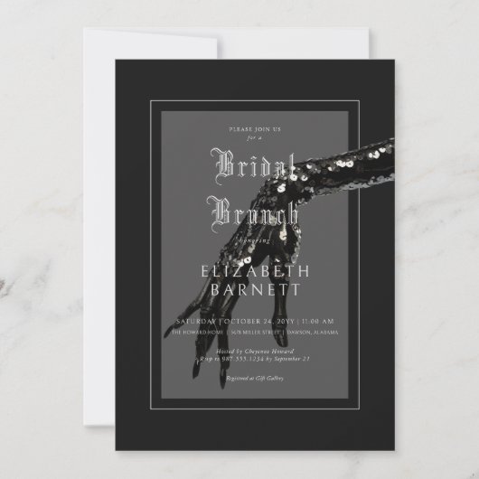 Dark Gothic Black Sequin Hand Bridal Brunch Einladung (Vorderseite)