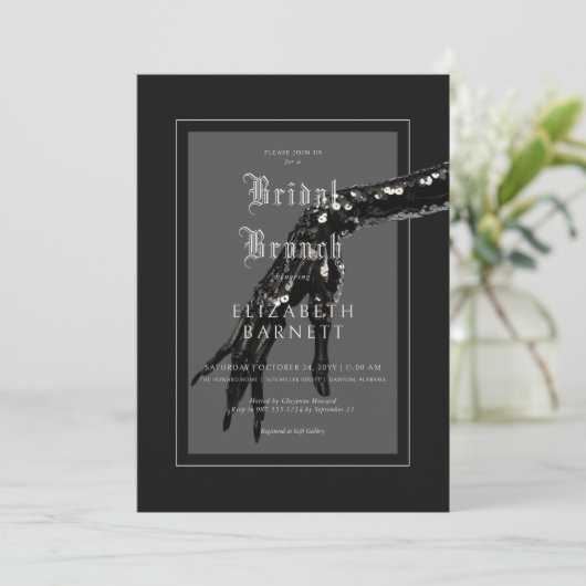 Dark Gothic Black Sequin Hand Bridal Brunch Einladung (Stehend Vorderseite)