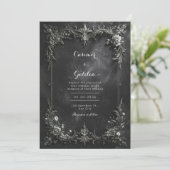 Dark Gothic Black & Silver Metallic Floral Wedding Einladung (Stehend Vorderseite)