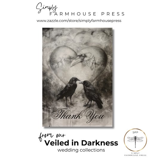 Dark Gothic Black & Tan Raven Script Wedding Dankeskarte