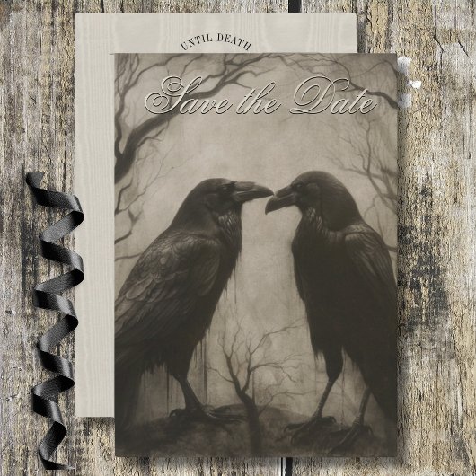 Dark Gothic Black & Tan Raven Script Wedding Save The Date