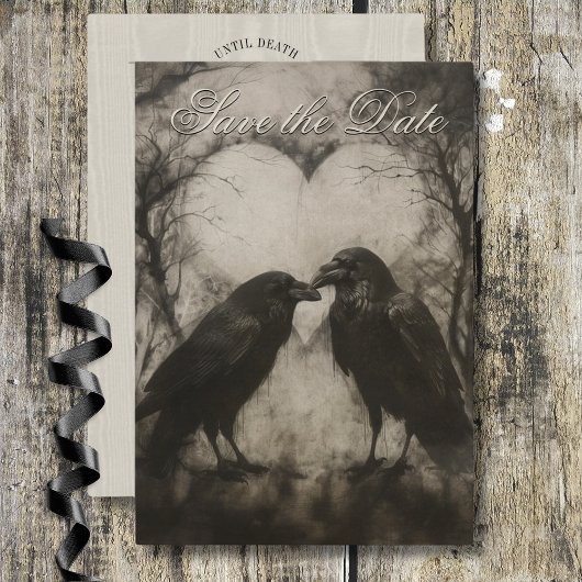 Dark Gothic Black & Tan Raven Script Wedding Save The Date