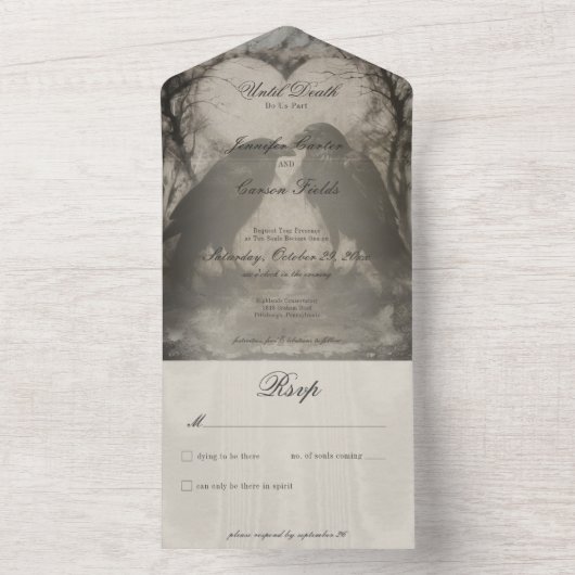 Dark Gothic Black & Tan Raven Wedding No Dinner All In One Einladung (Innen Boden)