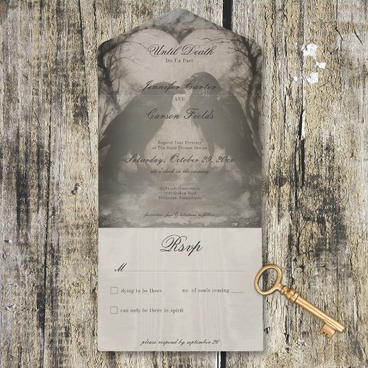 Dark Gothic Black & Tan Raven Wedding No Dinner All In One Einladung