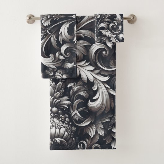 Dark Gothic Bold Ornamental Floral Pattern Badhandtuch Set (Insitu)