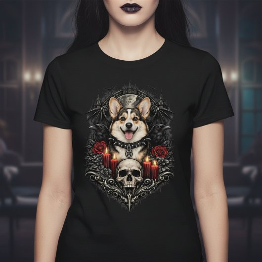 Dark Gothic Corgi With Skull and Candles T-Shirt