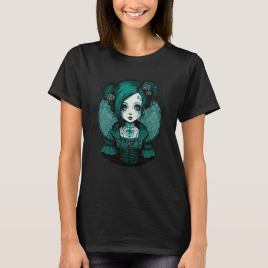 Dark Gothic Doll Chibi Style Roses Turquoise Tone T-Shirt (Vorderseite)