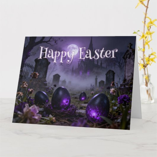 Dark Gothic Easter Scene with Glowing Eggs Karte (Gelbe Blume)
