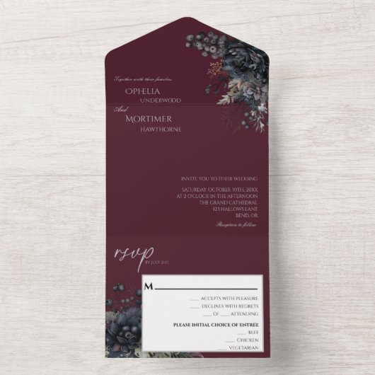 Dark Gothic Floral Burgundy Wedding All In One Einladung (Innen Boden)