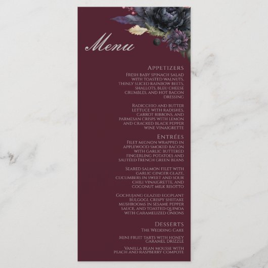 Dark Gothic Floral Burgundy Wedding Flat Menu Menükarte (Vorderseite)