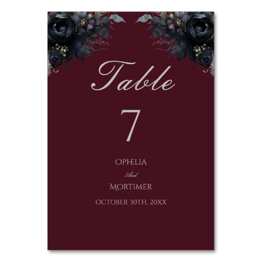 Dark Gothic Floral Burgundy Wedding Tischnummer (Vorderseite)