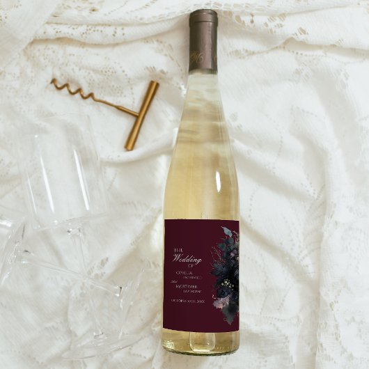 Dark Gothic Floral Burgundy Wedding Wine Label Weinetikett