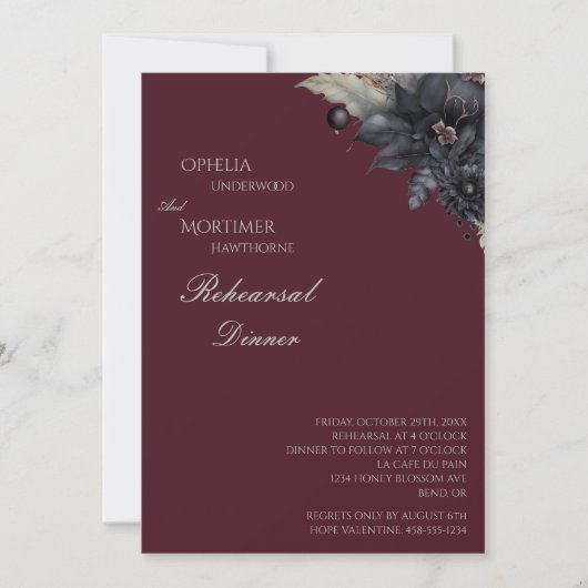 Dark Gothic Floral Wedding Probe Dinner Einladung (Vorderseite)